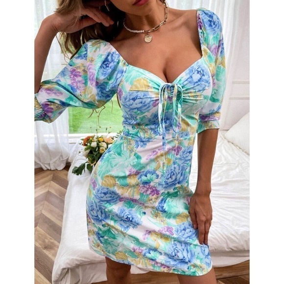 NEW ZARA Floral Off Shoulder Sweetheart Neck‎ Puff Short Sleeve Cotton Dress XS - Picture 7 of 10